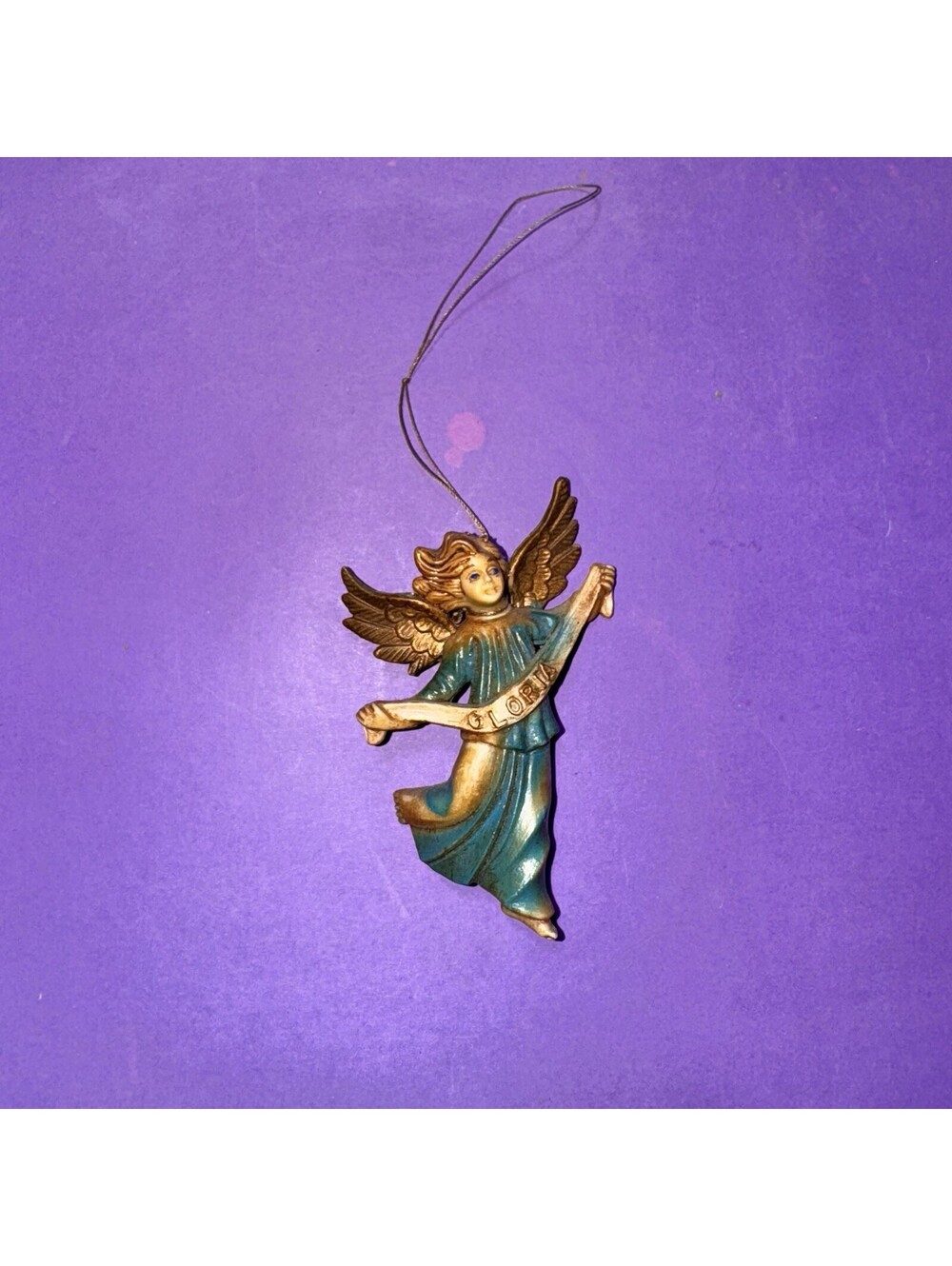 Old Hong Kong Vintage Angel Ornament Gloria Blue Gold Plastic MCM Christmas Tree
